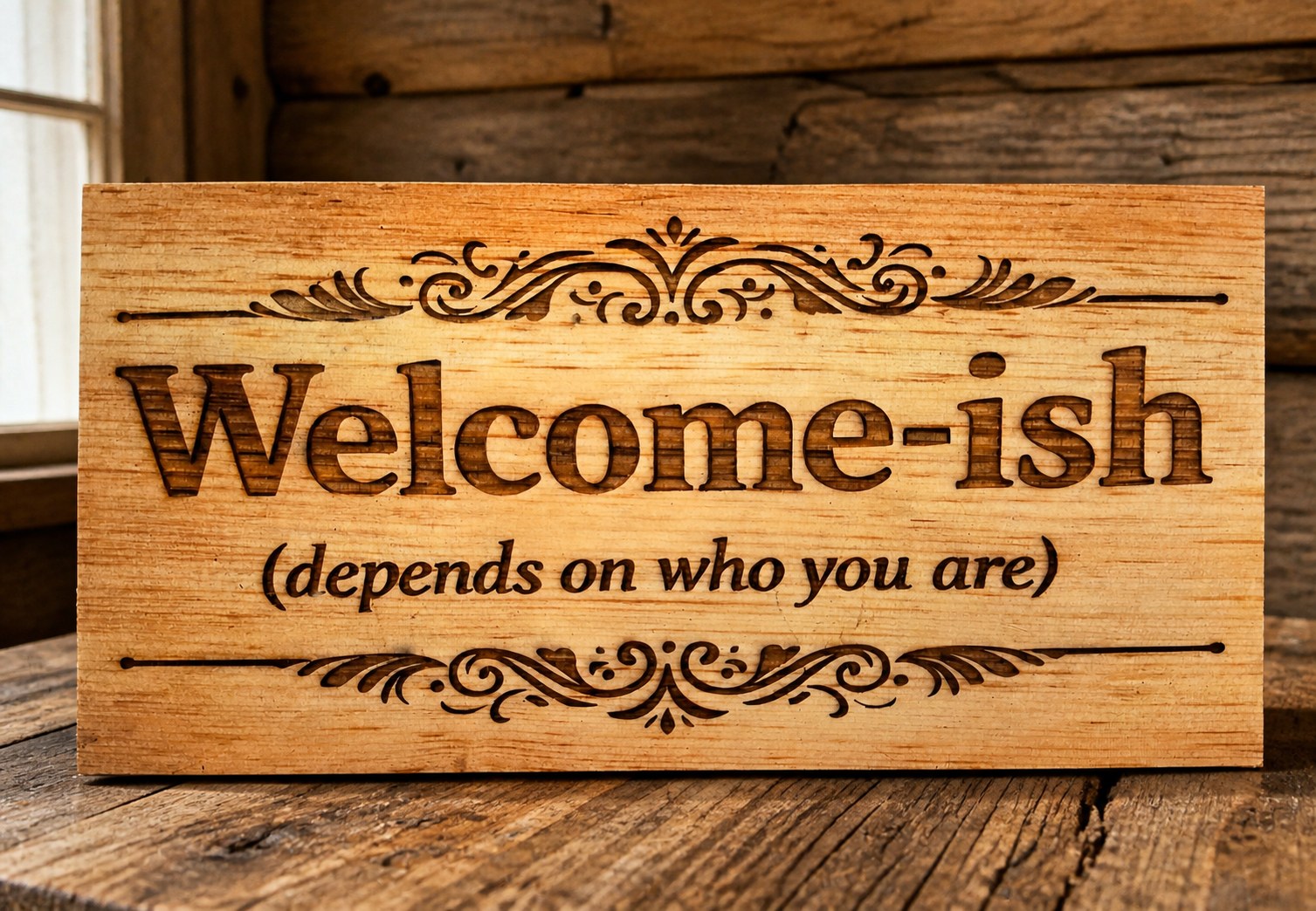 Welcome-ish engraved sign